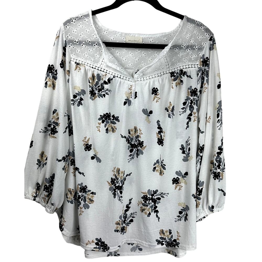 Melloday Women Plus Size 2X Cottage Core Floral White Eyelet Detail Flouncy Top